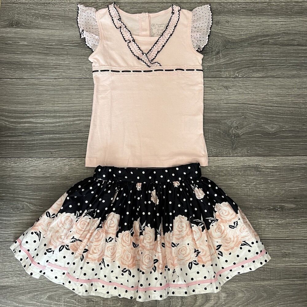 Pumpkin Patch Baby Girls Top Skirt Set Size 24M 2T Pink Floral Black Polka Dot